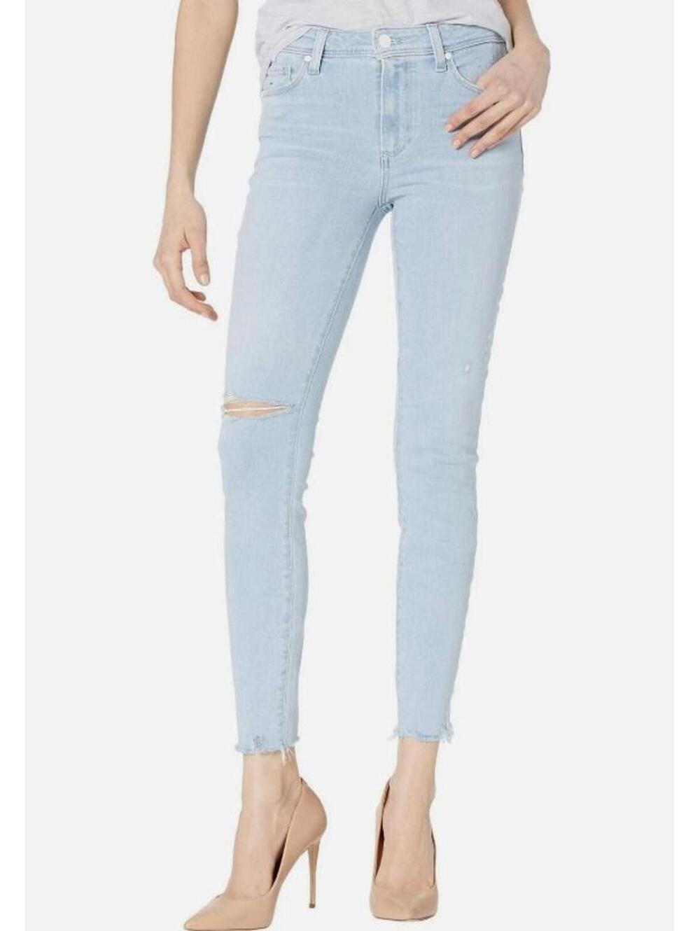 PAIGE Hoxton Ankle Jeans Roar Destructed Light Wash Blue Distressed Raw Hem 25